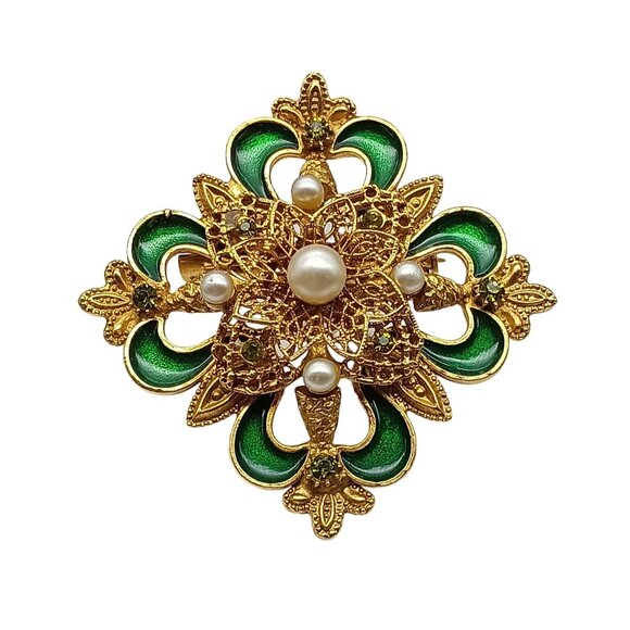 Ornate Vintage Gold-Tone Maltese Cross Brooch with Green Enamel & Faux Pearl Acc - Picture 1 of 3